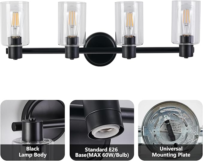4 Light Bathroom Wall Light Fixtures Black Bathroom Wall Sconce with Clear Glass Lights Over Mirror Vanity Lights E26 Base