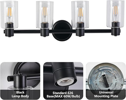 4 Light Bathroom Wall Light Fixtures Black Bathroom Wall Sconce with Clear Glass Lights Over Mirror Vanity Lights E26 Base