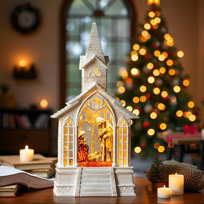 Christmas Nativity Snow Globe Lantern Musical Holy Family Lighted Water Church with Silent Night Music for Christmas Festival Decoration Gifts