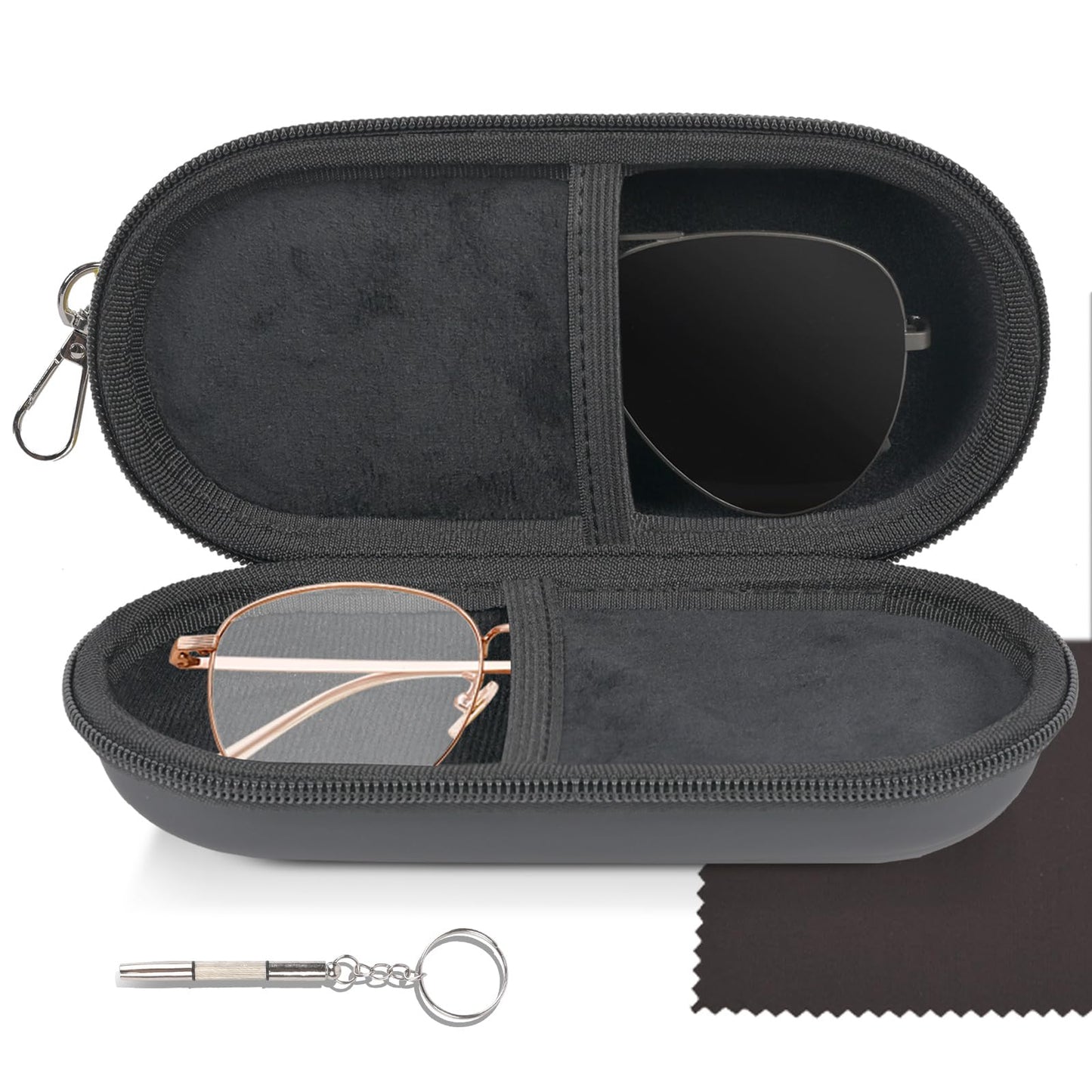 popolov Double Glasses Case,Dual Eyeglasses & Sunglasses Organizer with Clip Zipper Closure for Travel 2 Pairs Storage Box Black