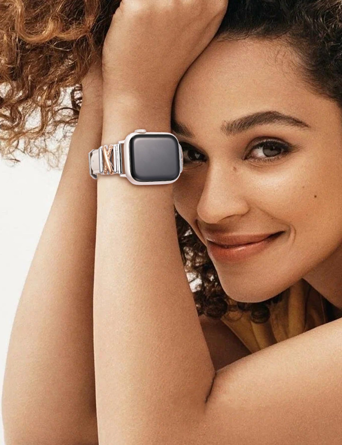 Minyee Leather Band Compatible with Apple Watch 38/40/41/42mm Women, Dressy Slim Premium Leather Strap with X-Shape Metal Buckle for iWatch Series 11 10 9 8 7 6 5 4 SE/Ultra 3 2 1, Rose Gold/Sliver