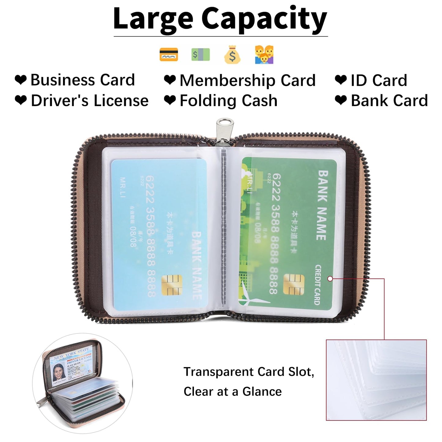 SENDEFN Women's Credit Card Holder Small Leather Card Case Compact ID Case Organizer Zipper Ladies Wallet with 22 Slots