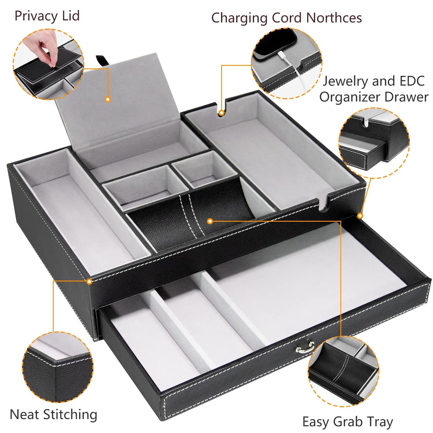 Baoyun Valet Tray for Men, 2 Layers Nightstand Organizers for Men and Women, Leather Jewelry Storage Box, Mens Dresser Top Organizer, Catch All for Jewelry Key Wallet and Phone (Black)