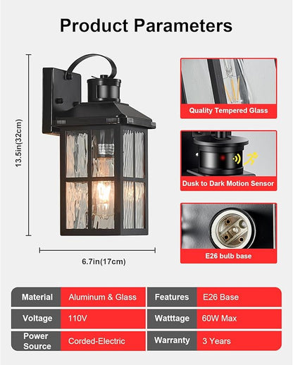 Motion Sensor Outdoor Lights Dusk to Dawn Porch Light Black Exterior Lighting Fixtures Modern Outside Wall Mount Coach Lamp for House Garage Patio Front Door