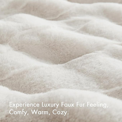 Madison Park Luxuriously Cozy Soft Long Faux Fur Throw Basketweave Blanket Reversible Soft & Snuggly Velvet Throw, Lightweight, Breathable Trendy Room Décor Summer Blanket, 50x60, Ivory
