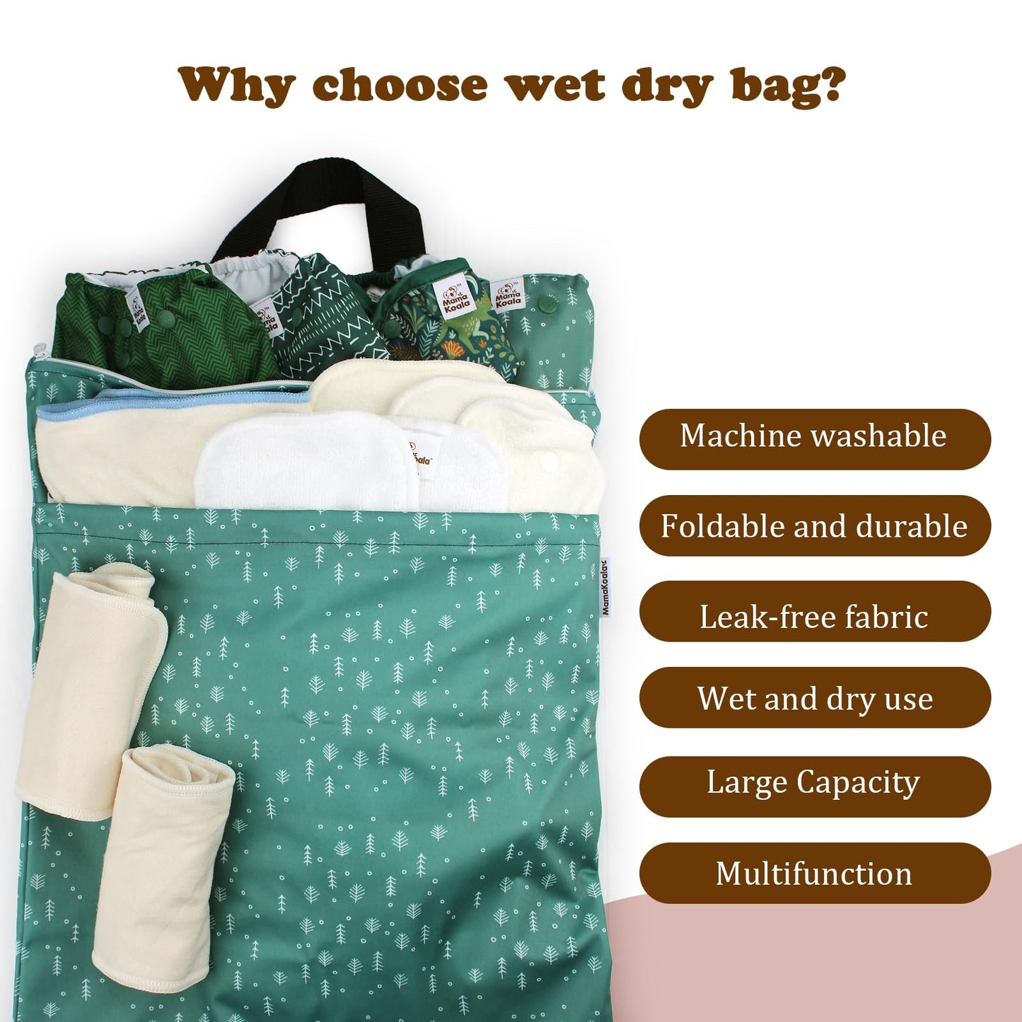 Mama Koala Reusable Hanging Wet Dry Bags for Baby Items, Cloth Diapers, Swimsuits, Travel, Gym Clothes, Beach, Pump Parts, Toiletries, Two Zippered Pockets, 2 Pack (W005L)