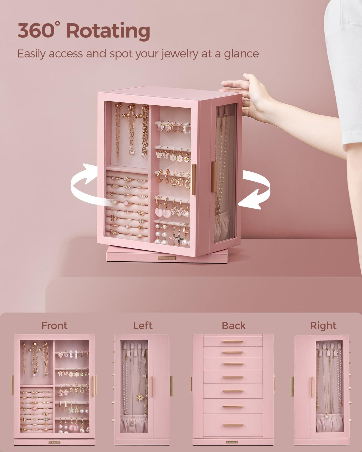 Glimmloop 360° Rotating Jewelry Box with 7 Drawers, Spacious Vertical Jewelry Organizer with Glass Window, Jewelry Storage Case, Dustproof & Moisture-resistant Design, Pink