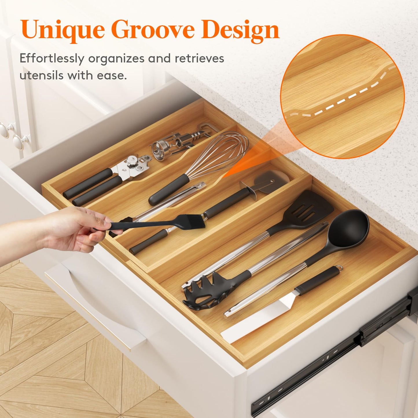 Lifewit Utensil Organizer for Kitchen Drawer, Expandable 13 to 22.4 Inches Wide, Adjustable Cooking Silverware Tray, Bamboo Cutlery Flatware Holder, Spatula Tools and Gadgets Storage Divider, Natural