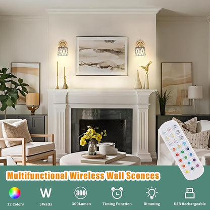 Vintage Battery Operated Wall Sconce Set of 2, 5000mAh Rechargeable Wall Lamp 12 RGB Colors Dimmable, Gold Lights Fixture for Bedroom Bathroom Living Room Hallway Clear Checker