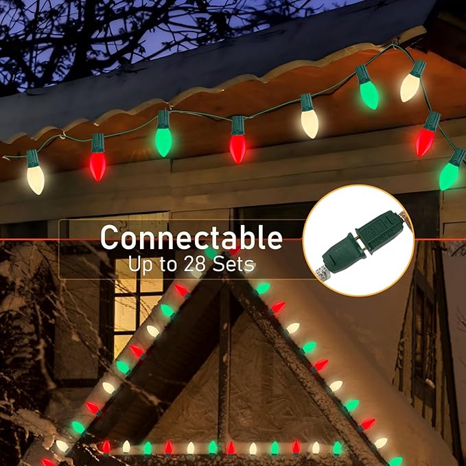 Red Green White LED Christmas Lights,25FT Waterproof C9 Multicolor Christmas Lights Outdoor with 26 Shatterproof Bulbs,Commercial Hanging Xmas Light for Roof Patio Balcony Party Xmas Decor