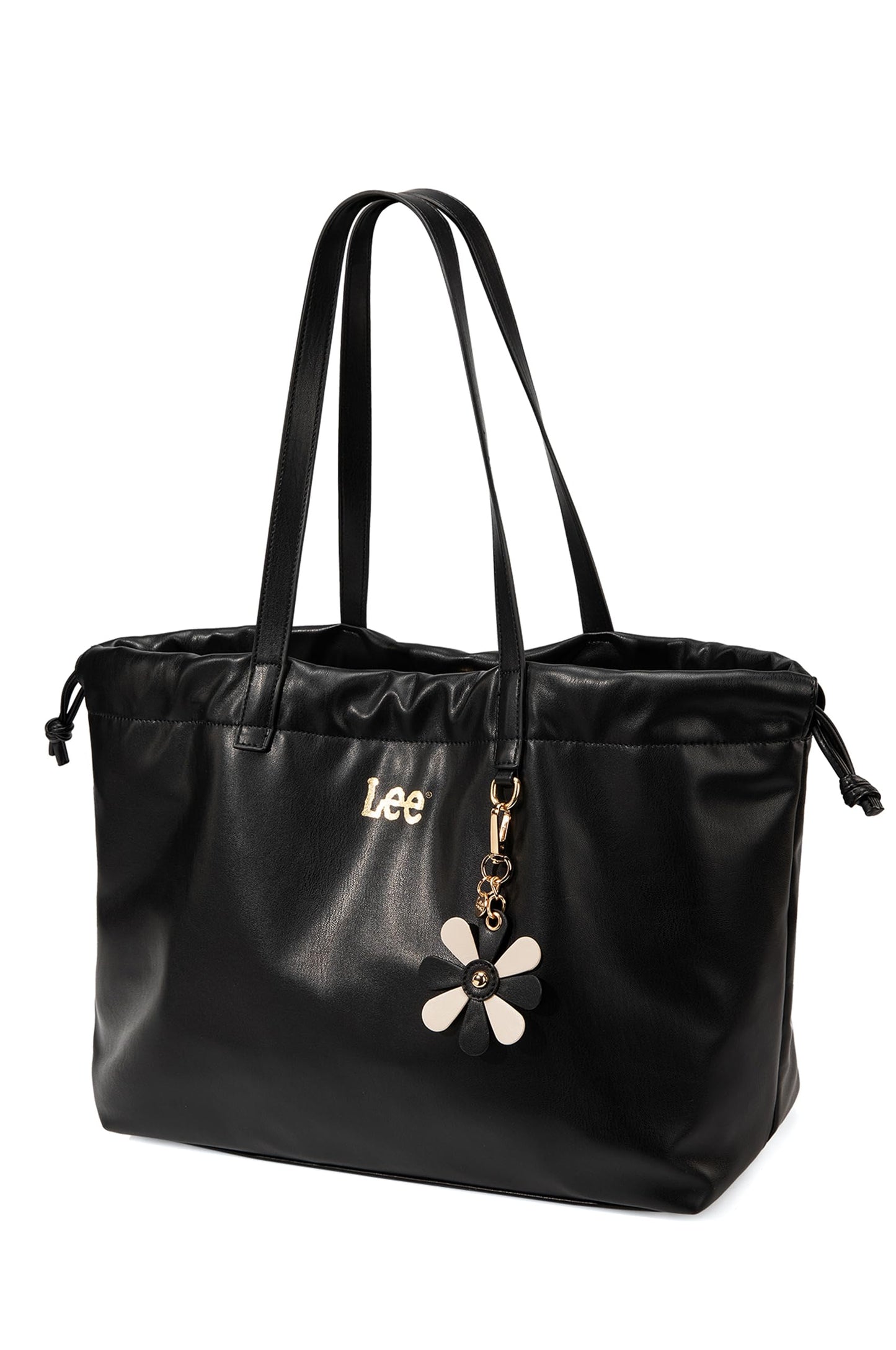 Lee Leather Tote Bag for Women, Spacious Vegan Leather Shoulder Bag & Handbag with Drawstring Closure, Durable Shoulder Straps, Large Capacity Work & Travel Purse, LEE73-001BK