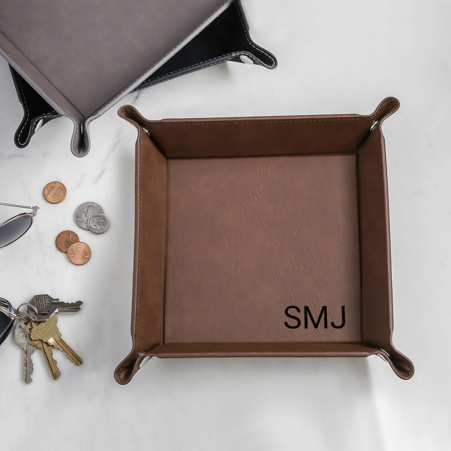 Lifetime Creations Monogrammed Valet Tray for Men (Brown) - Personalized Vegan Leather Catch All, Nightstand Desktop Desk Organizer for Coins, Keys, Watch