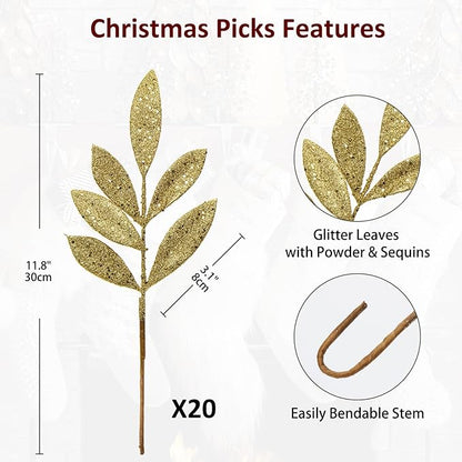 DILATATA 20 Pcs Christmas Glitter Bay Leaves 11" Gold Artificial Glitter Leaf Spray Christmas Tree Picks for Xmas Wreath DIY Garland Home Decor - Gold