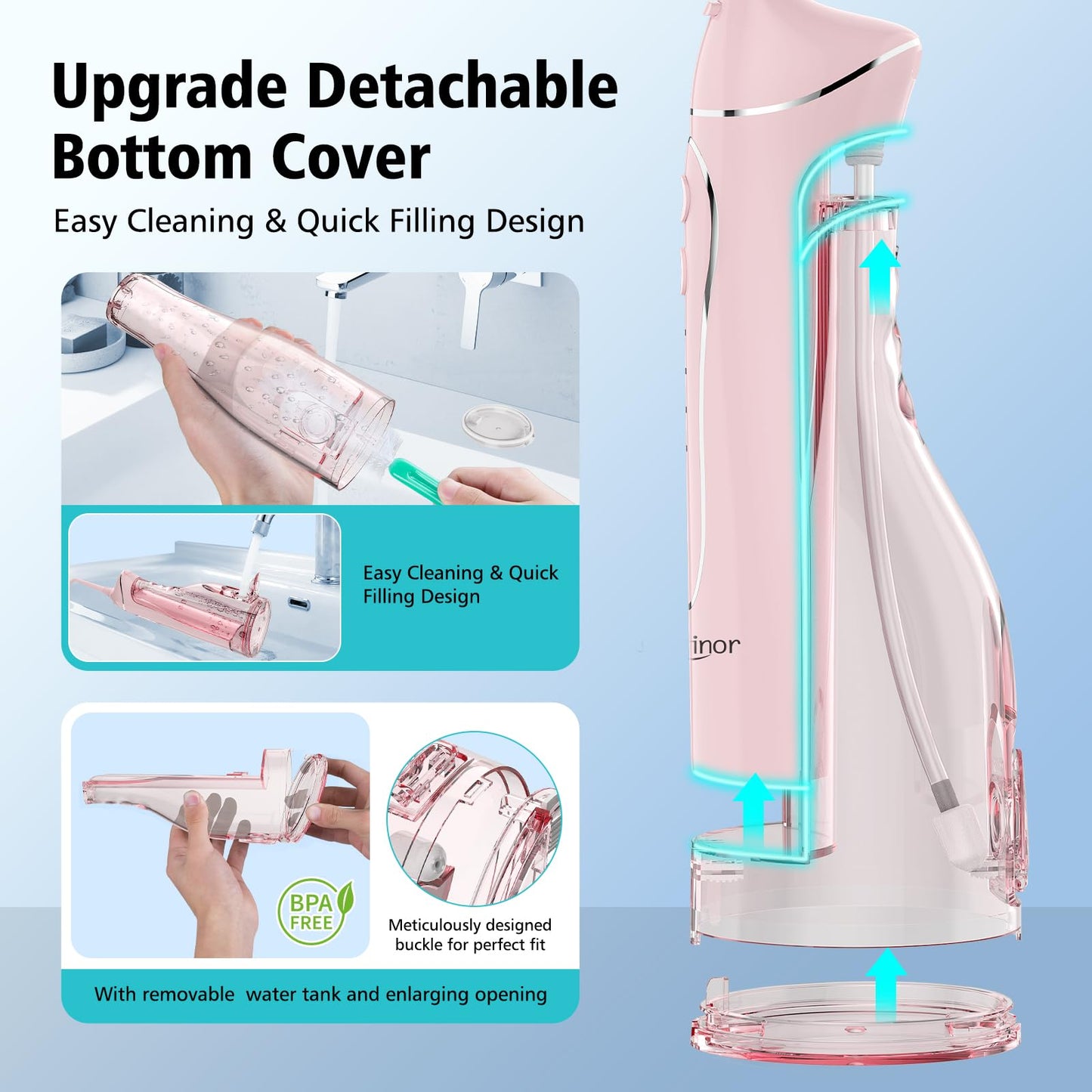Leominor Water Flosser Pick for Teeth, 300ML Portable Oral Irrigator Upgraded Tank Removable,IPX7 Waterproof, Rechargeable Travel Teeth Cleaner, Professional Electric Flossing Machine (Pink)