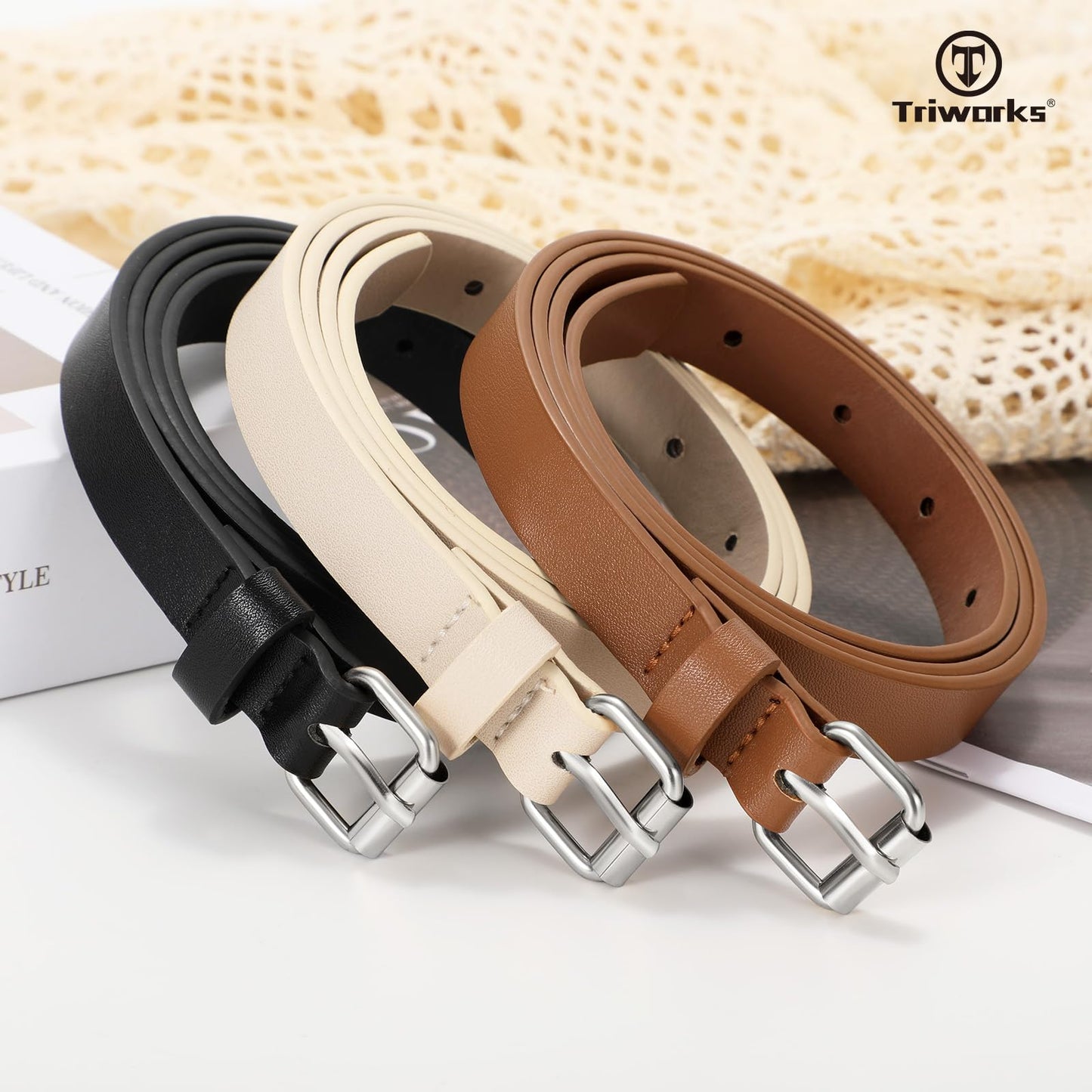 TRIWORKS 3 Pack Women Skinny Leather Belt for Jeans Pants Dress Ladies Thin Waist Belt with Silver Buckle