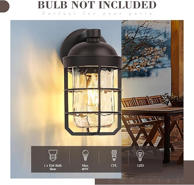 Emliviar Retro Wall Lamp Wall Mounted for House, Medium 1-Light Exterior Wall Lighting with Metal Cage, Oil Rubbed Bronze with Water Ripple Glass Shade, GE255BL ORB-WG