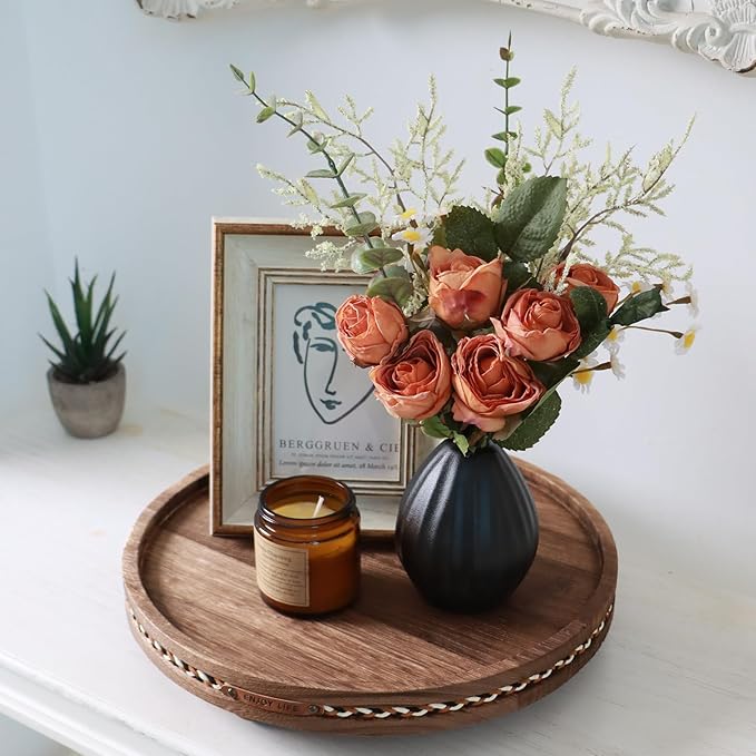 Decor Decorative Round Tray 11.81in for Home Decor for Coffee Table Farmhouse Kitchen Table Living Room Bathroom Centerpiece Tray Decor Rustic + Stripes