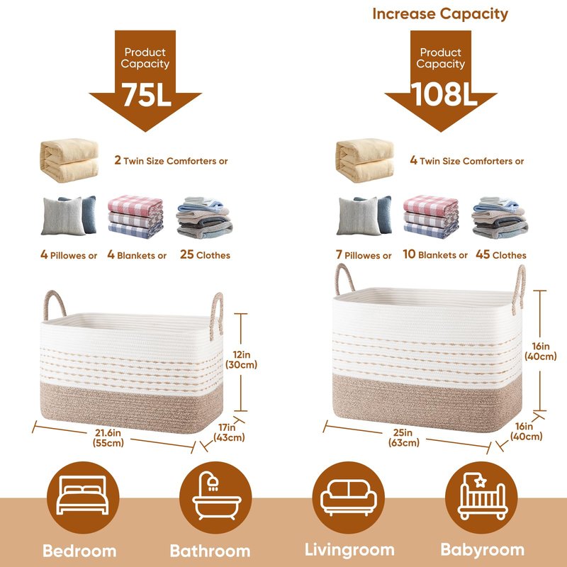OIASKET 75L Large Cotton Rope Storage Basket, Soft Decorative Blanket Basket for Living Room & Bedroom, Boho Laundry Hamper with Handles Capable of Holding Pillows, Clothes and Toys-Brown & White