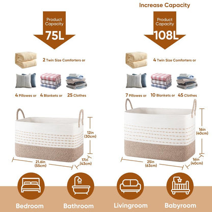OIASKET 75L Large Cotton Rope Storage Basket, Soft Decorative Blanket Basket for Living Room & Bedroom, Boho Laundry Hamper with Handles Capable of Holding Pillows, Clothes and Toys-Brown & White