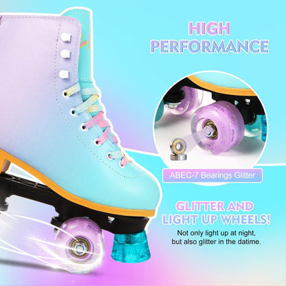 LIKU Quad Roller Skates for Girl and Women with All Wheel Light Up,Indoor/Outdoor Lace-Up Fun Illuminating Roller Skate for Kid (Purple, 1-2)