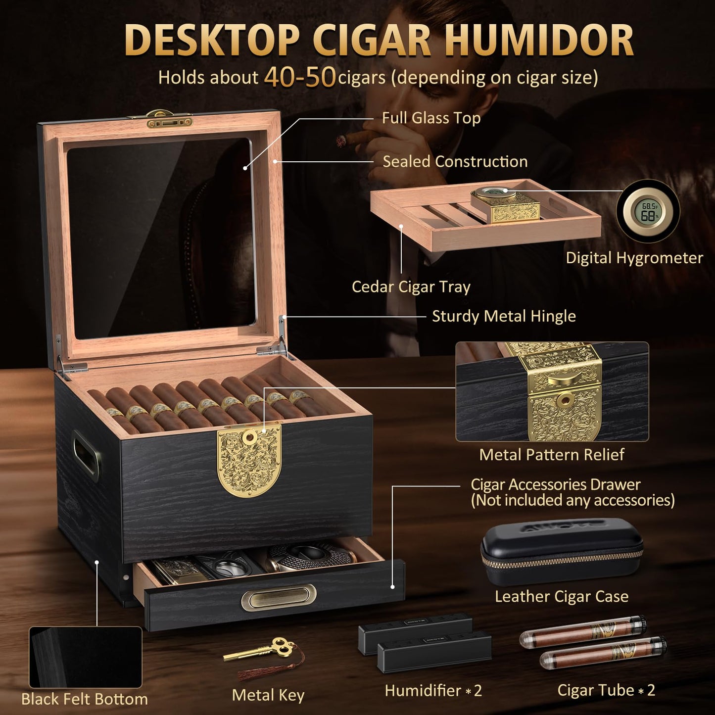 AWOTE Cigar Humidor with Digital Hygrometer and 2 Humidifiers, Cedar Wood Cigar Humidor Box with Drawer, Travel Cigar Case and Cigar Tubes, Desktop Humidor Box Gifts Cigar Accessories (Black)