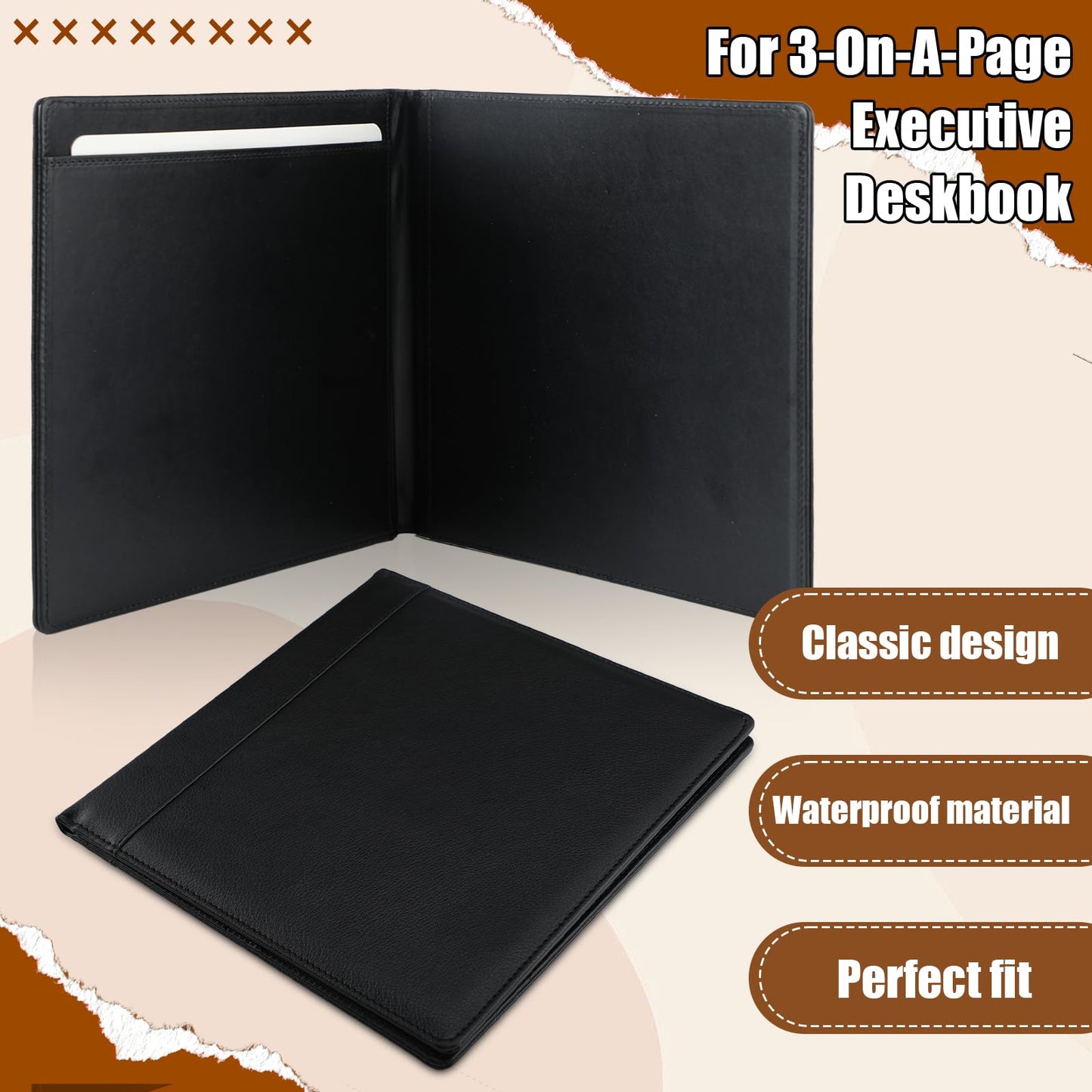 LemonSecret Leather Checkbook Cover 9 1/2 x 9 Inch Business Checkbook Binder 3-On-A-Page Black Executive Check Binder for Business Personal Banking
