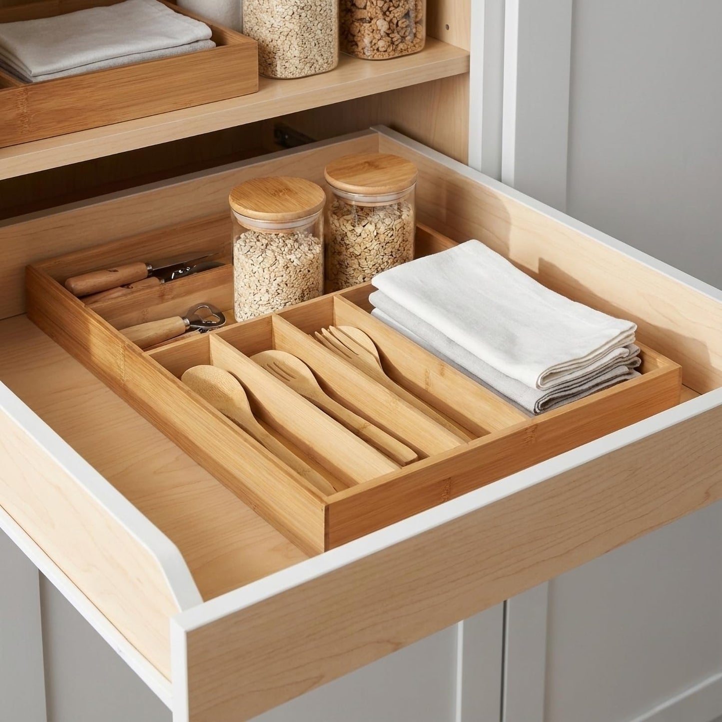 JIMMY LUCKY Wooden Silverware Organizer for Drawer, Bamboo Utensil Drawer Organizers, Kitchen Utensil Organizer Tray with 7 Storage Compartments, Flatware Organizers for Cutlery Flatware