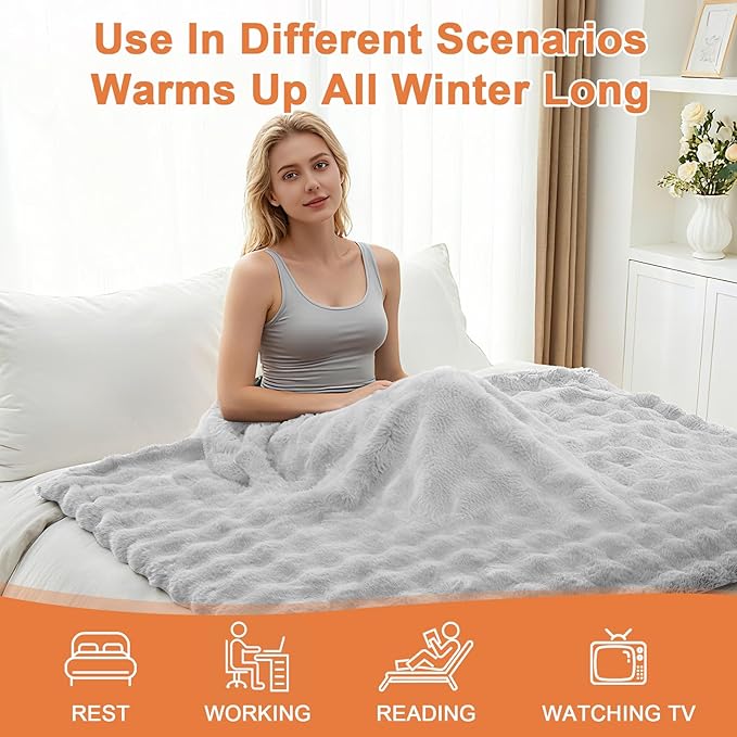 Heated Blanket Electric Throw Blanket 84''X 90''-Heating Blanket with 6 Heat Settings-10 Hours Auto Off,Cozy Faux Rabbit Fur Bubble Electric Blanket,Light Gray