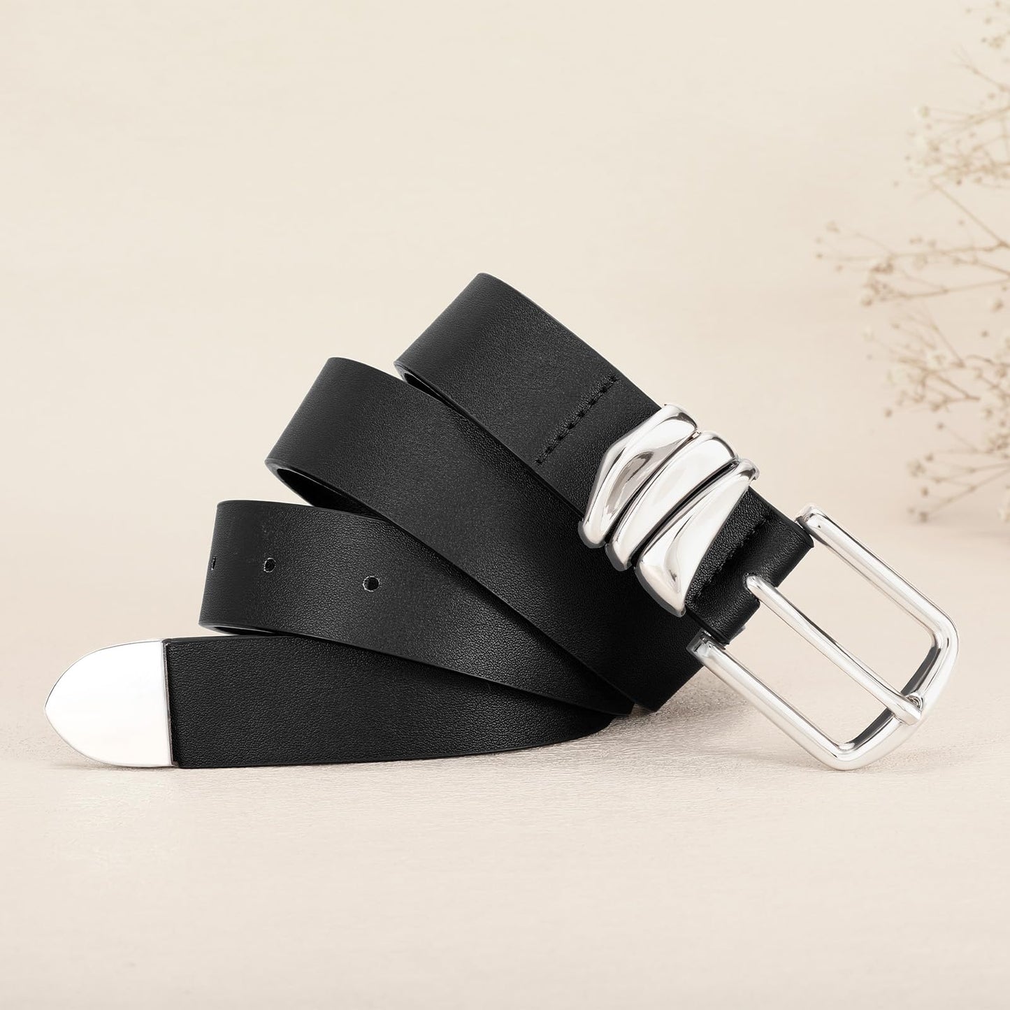 VONMELLI Women's Black Belt for Jeans Dress Leather Belt for Women Fashion Waist Ladies Belt with Silver Buckle, M
