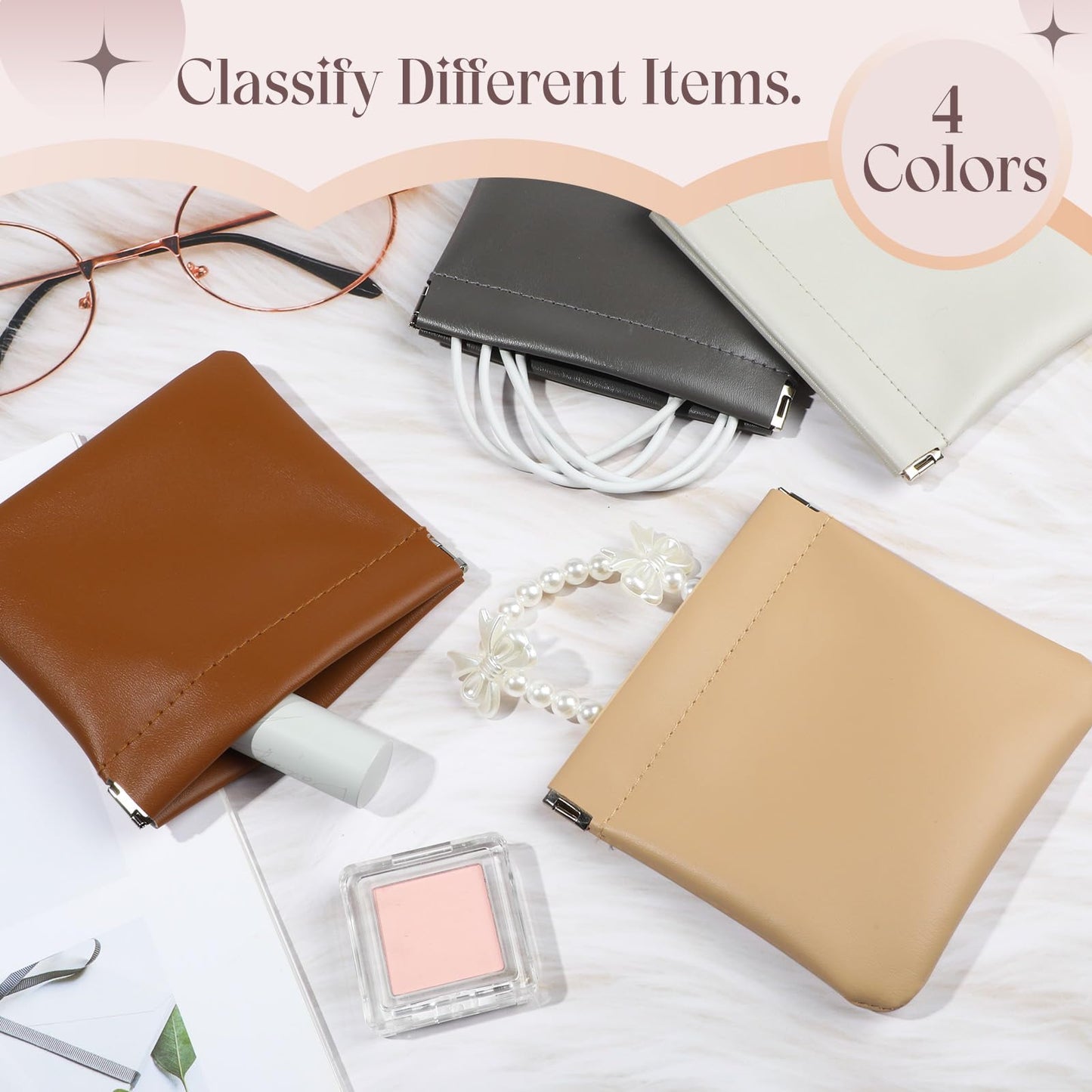 ISKYBOB 4.7in Small Makeup Bag for Purse, 4Pcs Pocket Leather Cosmetic Bag Small Squeeze Coin Purse for Women Snap Closure Pouches for Purse Organizer Pouchic for Travel Jewelry Storage (Business)
