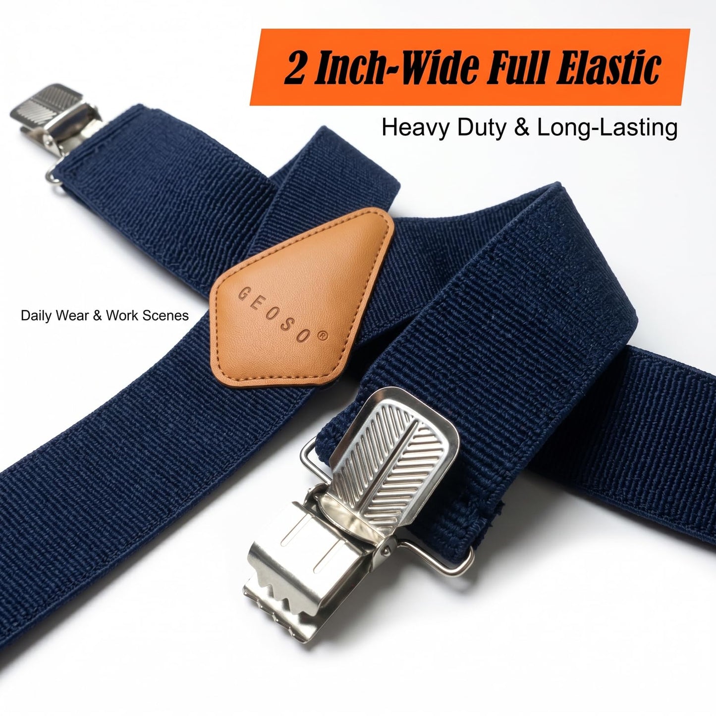 GEOSO Work Suspender, 2-Inch Wide Elastic Clip-on Suspenders for Men, Heavy-Duty Pants Suspender Blue