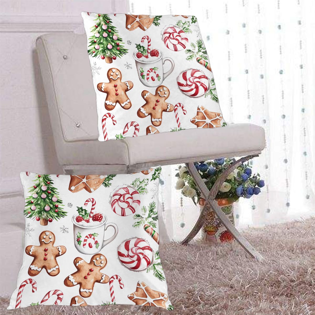 Christmas Gingerbread Man Throw Pillow Covers 20x20 Set of 2 Cushion Cases