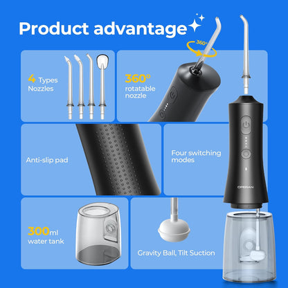 Operan Water Flosser for Teeth, 300ML Portable Dental Flosser with 4 Modes & 4 Nozzles, IPX7 Waterproof Rechargeable Oral Irrigator, Long Battery for Home, Braces Flossers, and Travel-Black+1Pack