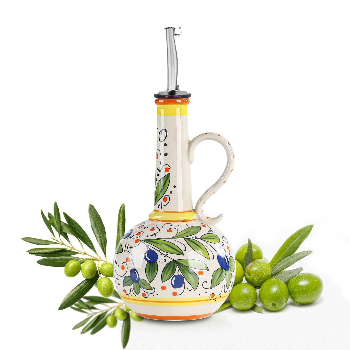Gnlnkn 18 oz Ceramic Olive Oil Dispenser Bottle for Kitchen, Large Capacity Oli and Vinegar Cruet with Stainless Steel Spout, 540 ml Oil Container with Handle for Cooking Preventing, Vinegar Cruet