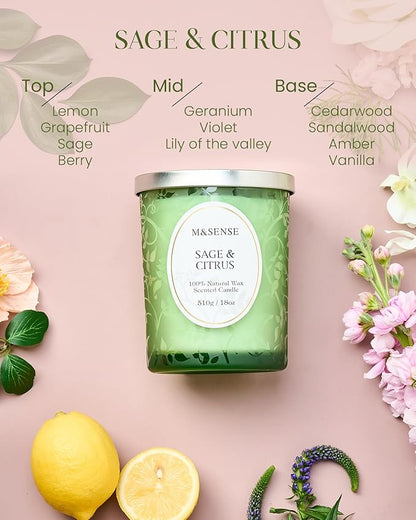 M&SENSE Sage Citrus Scented Candle, Cracking Wooden Wick Soy Wax, 18oz 100 Hours Long Lasting Clean Burn, Large Jar Candles for Home Decor, Non-Toxic Relaxing Fall Winter Aromatherapy Gifts for Women