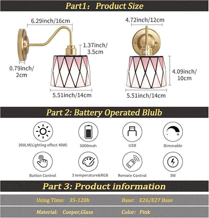 Vintage Battery Operated Wall Sconce Set of 2, 5000mAh Rechargeable Wall Lamp 12 RGB Colors Dimmable, Gold Lights Fixture for Bedroom Bathroom Living Room Hallway Pink Checker
