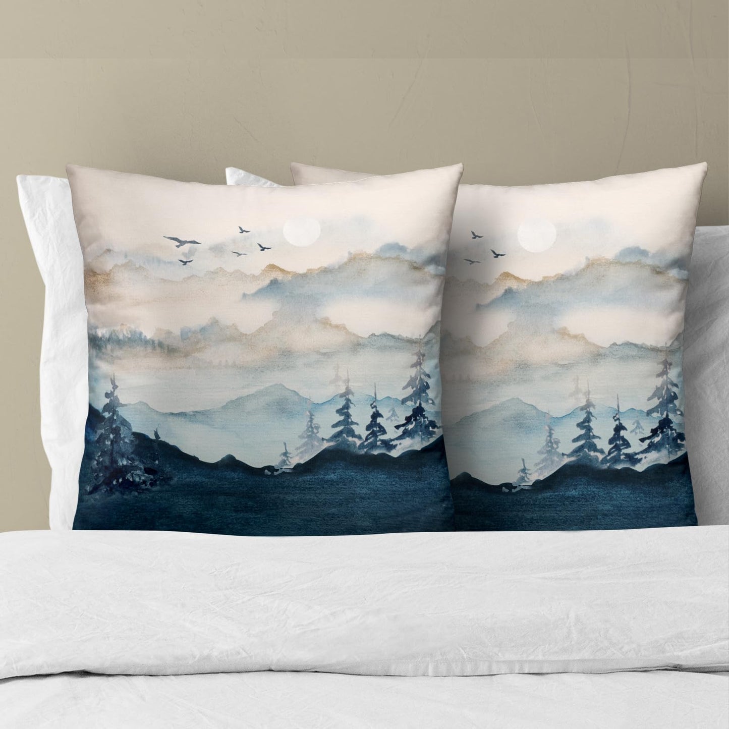 Imiss Misty Mountain Forest Pillow Covers 18x18 Inch Blue Burnt Orange Decorative Double Sided Cushion Covers Set of 2 Nature Landscape Pillowcases for Couch Bedroom Car