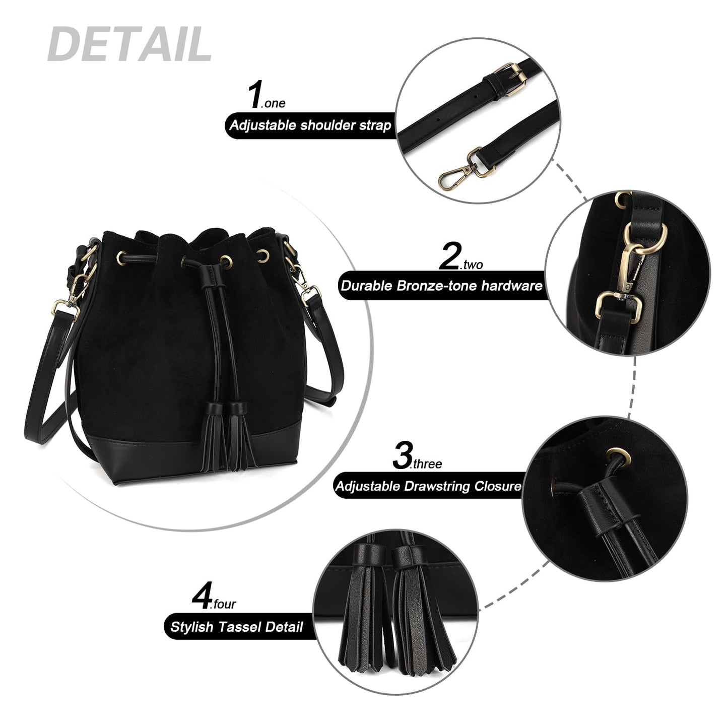 AFKOMST Faux Suede Bucket Bags and Drawstring Crossbody Boho Purse for Women Medium Hobo Handbags with 2 Shouder Straps (Black)
