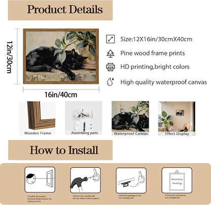 Framed Black Cat Canvas Wall Art, Vintage Sleeping Cat with Plant Picture Wall Decor Paintings, Cute Animal Poster Prints Rustic Aesthetic Home Decor for Living room Bedroom Bathroom 12x16 inch