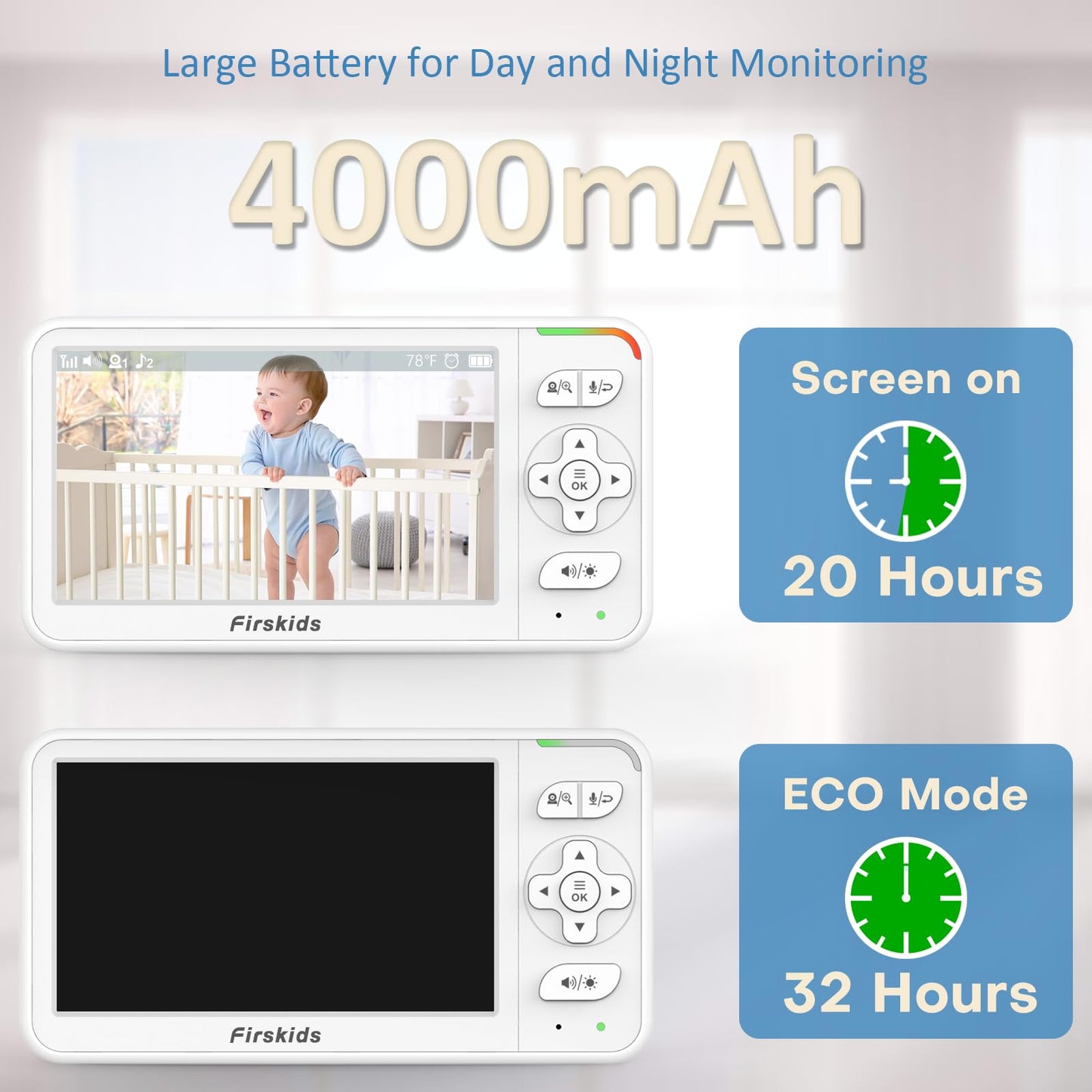 Firskids Baby Monitor, 5” Video Baby Monitor with Camera and Audio no WiFi, Pan Tilt Zoom Camera,32-Hour Battery, 2 Way Talk Temp Sensor Auto Night Vision, Suitable for Monitor Baby and Elderly