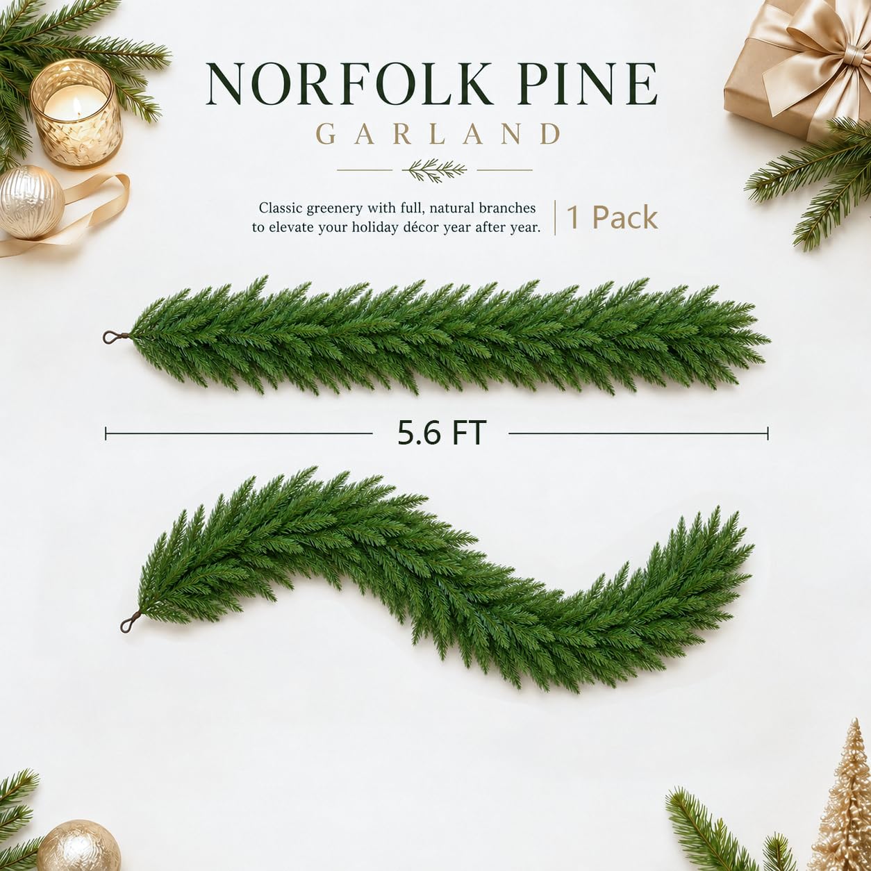 FesNiva 1 Pack Artificial Norfolk Pine Garland, Winter Greenery Garland for Christmas Decorations, Ideal for Mantle, Table, Fireplace, Home and Holiday Decor (5.6 FT)