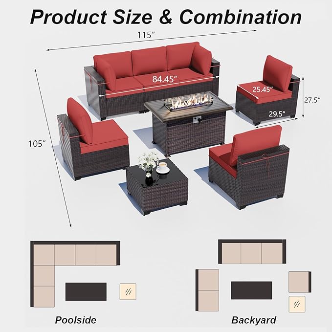 ALAULM 8 Pieces Patio Furniture Set with Propane Fire Pit Table Outdoor Patio Furniture Outdoor Sectional 55000 BTU Gas Fire Pit Brown PE Rattan Patio Conversation Set w/6 Cushions-Red
