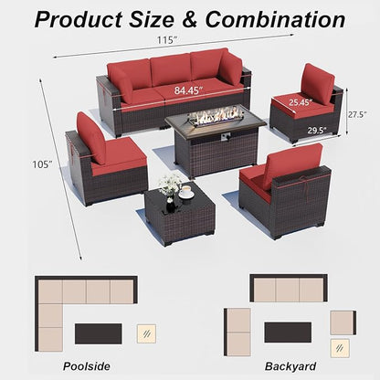 ALAULM 8 Pieces Patio Furniture Set with Propane Fire Pit Table Outdoor Patio Furniture Outdoor Sectional 55000 BTU Gas Fire Pit Brown PE Rattan Patio Conversation Set w/6 Cushions-Red