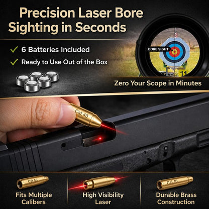 Tactical Red Laser Bore Sight Cal .40 Brass Boresighter Cartridge Red Dot (Will NOT Work with Smith and WES'S)