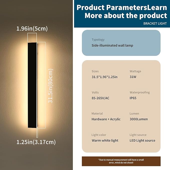 Outdoor Wall Sconces, 31.4 inch LED Modern Wall Lights Fixture, 3000K Warm White, IP65 Waterproof, Black Linear Long Strip Wall Lamp Lighting for Patio Garage Front Door