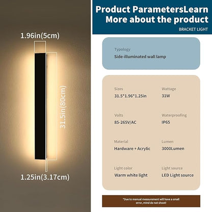 Outdoor Wall Sconces, 31.4 inch LED Modern Wall Lights Fixture, 3000K Warm White, IP65 Waterproof, Black Linear Long Strip Wall Lamp Lighting for Patio Garage Front Door