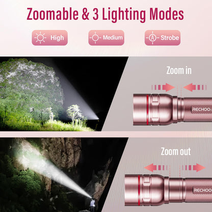 Flashlight Rechargeable High Lumens, G1000 Super Bright Flash Light Pink, Small Zoomable LED Flashlight with 3 Lighting Modes, Portable Tactical Flashlight for Camping Essentials, Gifts for Women