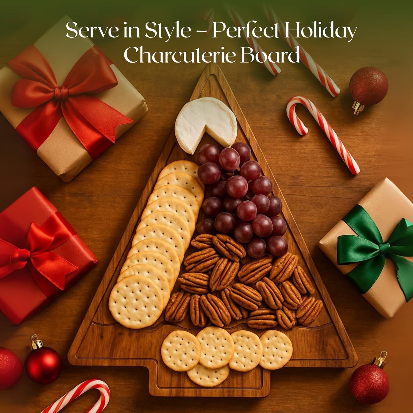 Aurah Acacia Wood Christmas Tree Cutting Board 13.5x11 Inch - Chopping Board with Handle, Xmas Cheese Appetizer Tray, Wooden Decorative Serving Platter for Kitchen & Holiday Party