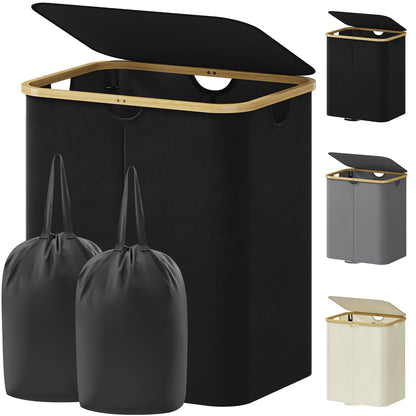 Lifewit 120L Double Laundry Hamper with Lid, Large Laundry Basket with Removable Bag & Bamboo Handles, Fodable Tall Dirty Clothes Hamper for Laundry Collapsible Bin for Bathroom Bedroom Dorm, Black