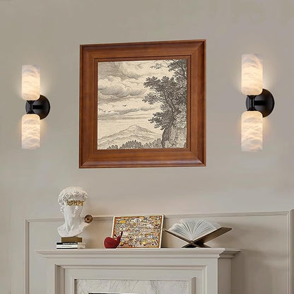 Alabaster Wall Sconce Set of 2, 14in Modern Spanish Natural Marble Bathroom Vanity Sconces, Indoor Black Wall Lighting Fixtures Decor for Bedroom Living Room Staircases